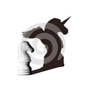 Chess horse with shadow feels as unicorn on white. Vision Potentiality concept photo