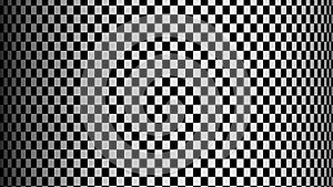 Chess illusion cylinder. Checker geometric kaleidoscope. Black and white optical illusion. Checkered cylinder rotating