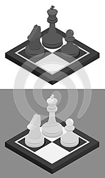 Chess isometric concept icon. Chessboard and chess knight, pawn and king on it