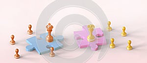 Chess and jigsaw puzzles with leadership ideas with development of business goals concept on orange background