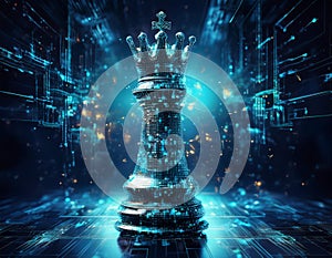 Chess King with Blurred Binary Data and Computer Network Background
