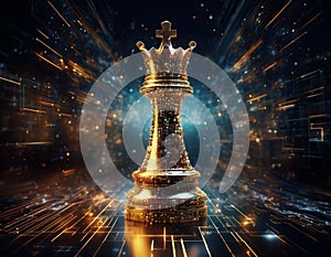 Chess King with Blurred Binary Data and Computer Network Background