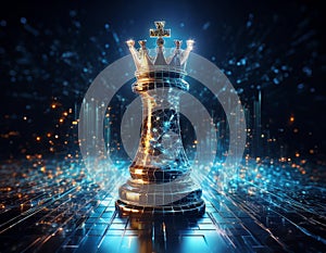 Chess King with Blurred Binary Data and Computer Network Background