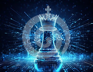 Chess King with Blurred Binary Data and Computer Network Background