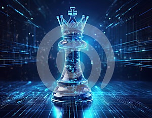 Chess King with Blurred Binary Data and Computer Network Background
