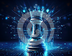 Chess King with Blurred Binary Data and Computer Network Background