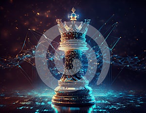 Chess King with Blurred Binary Data and Computer Network Background
