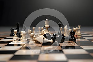 Chess king on chess board game with defeated chess figures. Success strategy concept. Generative AI