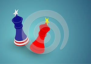 Chess King flag pattern of America and China, Trade war and tax crisis concept design illustration isolated on blue gradients