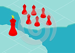Chess King flag pattern of China with pawn of Hong Kong citizen on world map, Protest extradition legal problem poster and social