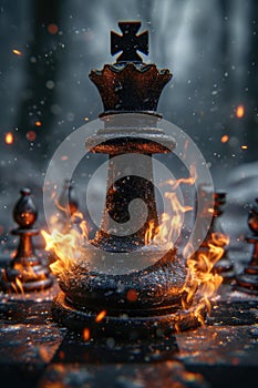 The chess king\'s piece is on fire in the street