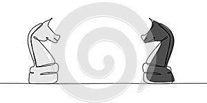 The chess knight black and white colors on the champion. Continuous line drawing isolated on white background. Vector illustration
