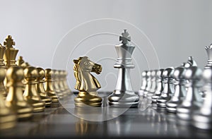 Chess knight confront king and opponent on white background. Strategy, market share, business investment, business competition,