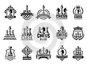 Chess labels. Sport stylized silhouettes of chess figures knight rook pawn vector illustration of badges