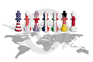 Chess made from USA, Canada, UK, France, Italy, Germany and Japan flags on a world map.