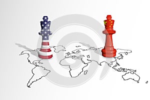 Chess made from USA and China flags on a world map
