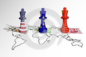 Chess made from USA, EU and China flags on a white background