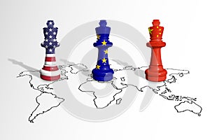 Chess made from USA, EU and China flags on a world map.