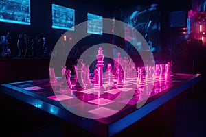 chess match, with neon lighting and futuristic setting