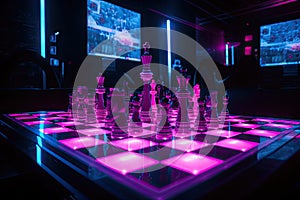 chess match, with neon lighting and futuristic setting