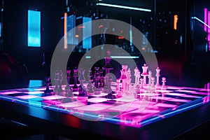 chess match, with neon lighting and futuristic setting