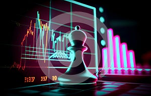 Chess on a Neon board with Stock trading graph background for Digital Financial strategy concept, Generative AI
