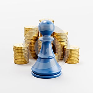 Chess Pawn ahead of Stacks of Coins on Light Gray Background