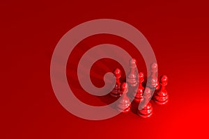 Chess pawn circle with shadow shaped as a crown on red background, Business leadership, Teamwork power and confidence concept