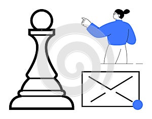 Strategic communication concept with chess piece, person giving direction, and envelope graphic