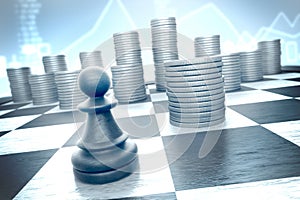 Chess pawn versus cash on a blue financial background