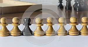 Chess pawns stand in a row, one black, many white