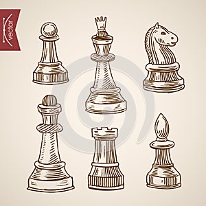 Chess piece figure king queen engraving lineart vintage vector