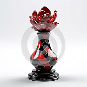 Chess piece with flower shapes, chess piece in red and black artwork.