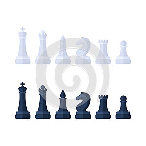 Chess piece icons. Board game. Black and white silhouettes isolated on white background. Vector illustration