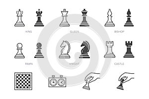 Chess piece line icon. Vector outline illustration of pawn, knight, queen, bishop, horse, rook. Checkmate board