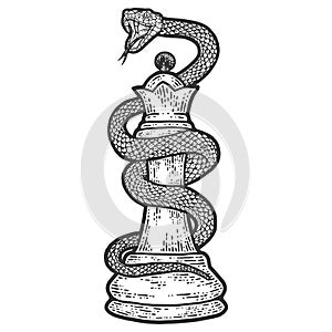 Chess piece queen entwined with a snake. Engraving vector illustration.