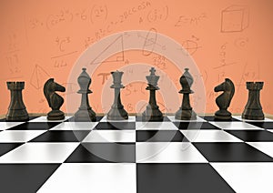 Chess pieces against orange background with math doodles