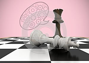 Chess pieces against pink background and speech bubble with cogs