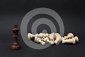 Chess pieces on a black background. The king stands next to the defeated white figures.