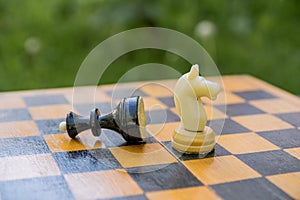 Chess pieces black queen defeated by a white knight on a chessboard