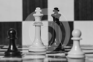 Chess pieces, black and white king, on a board