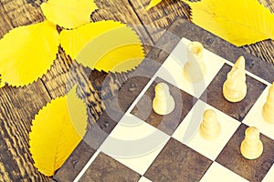 Chess pieces on board and autumn yellow leaves