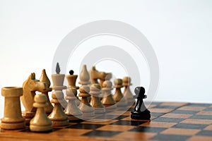 Chess pieces on board.