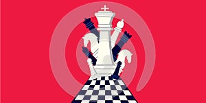 Chess pieces on a chessboard in a creative style on a red background