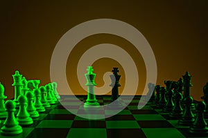 Chess pieces on a chessboard, game, Confrontation of kings. Yellow green neon color. The concept of confrontation, career,