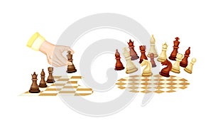 Chess pieces on chessboard set. People playing intellectual strategic board game vector illustration