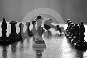 Chess pieces on a chessboard, the white queen defeated the black king