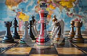 Chess pieces on chessboard with world map in the background. Chess table with pawns covered in American flags