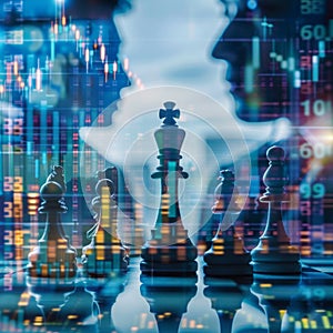 Chess pieces and digital financial graphs representing strategic business decisions on a board