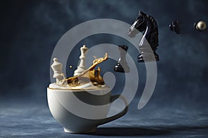 chess pieces falling into a coffee cup